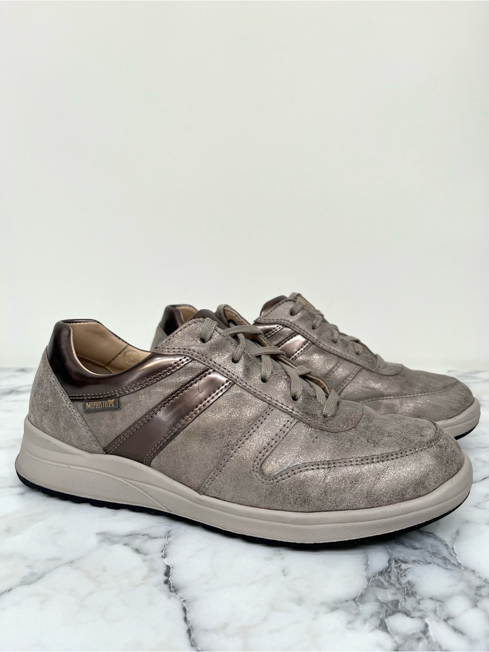 New Mephisto Rebeca Leather Sneakers Air-Jet Metallic Taupe Gray Size 8.5